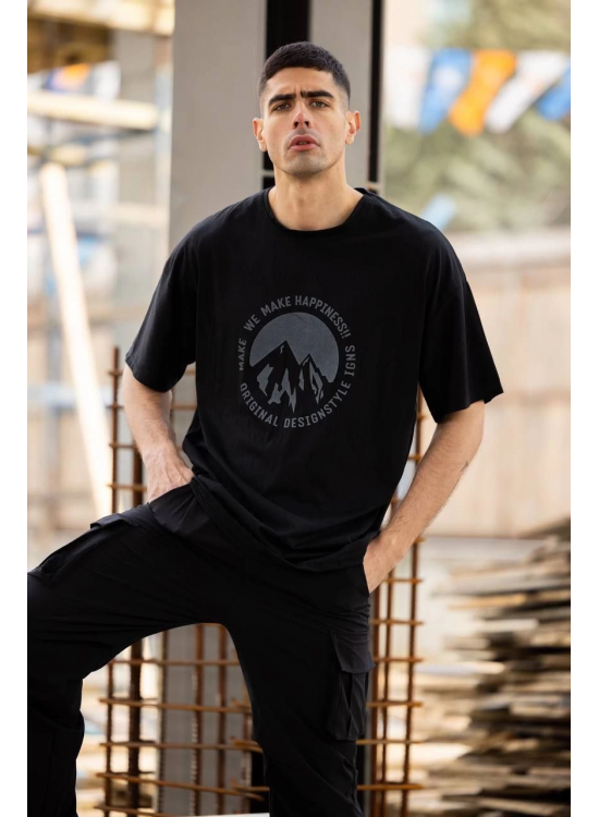 Erkek Baskılı T-Shirt Kısa Kol Bisiklet Yaka Regular Fit Rahat Kalıp Günlük Tişört - Siyah Erkek Baskılı T-Shirt Kısa Kol Bisiklet Yaka Regular Fit Rahat Kalıp Günlük Tişört - Siyah