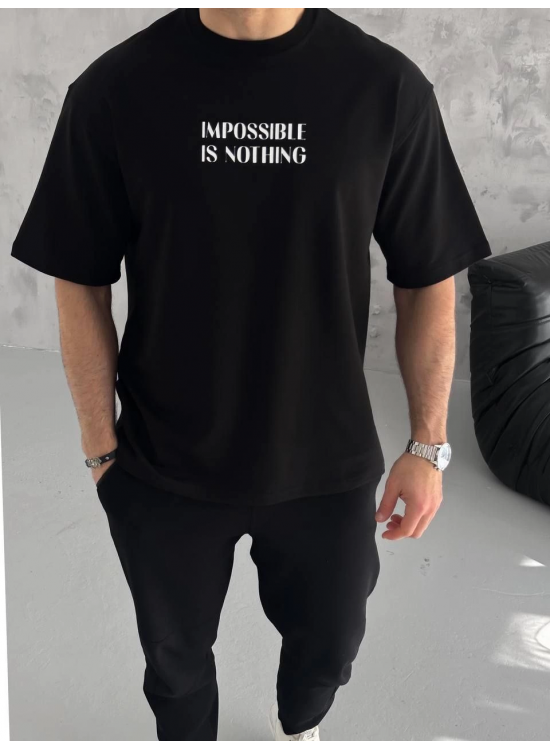 Erkek Tişört Bisiklet Yaka Baskılı Oversize Kısa kol T-Shirt - Siyah Erkek Tişört Bisiklet Yaka Baskılı Oversize Kısa kol T-Shirt - Siyah