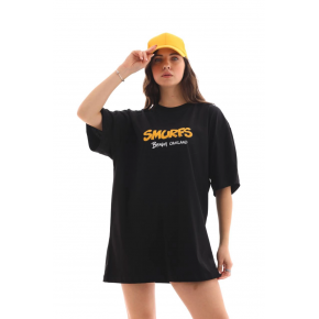 Kadın Kısa Kol Yazlık Tişört Bisiklet Yaka Baskılı Oversize T-Shirt - Siyah