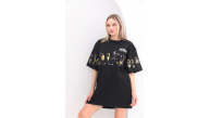 Kadın Kısa Kol Yazlık Tişört Bisiklet Yaka Baskılı Oversize T-Shirt - Siyah Kadın Kısa Kol Yazlık Tişört Bisiklet Yaka Baskılı Oversize T-Shirt - Siyah