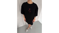 kadın Bisiklet Yaka Baskılı Oversize Kısa kol T-Shirt - Siyah kadın Bisiklet Yaka Baskılı Oversize Kısa kol T-Shirt - Siyah