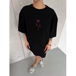 kadın Bisiklet Yaka Baskılı Oversize  Kısa kol T-Shirt - Siyah