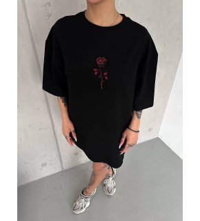 kadın Bisiklet Yaka Baskılı Oversize  Kısa kol T-Shirt - Siyah