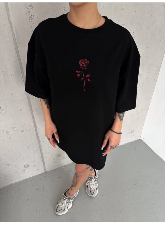 kadın Bisiklet Yaka Baskılı Oversize Kısa kol T-Shirt - Siyah kadın Bisiklet Yaka Baskılı Oversize Kısa kol T-Shirt - Siyah