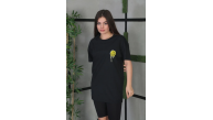 Kadın Bisiklet Yaka Baskılı Kısa kol Oversize T-Shirt - Siyah Kadın Bisiklet Yaka Baskılı Kısa kol Oversize T-Shirt - Siyah