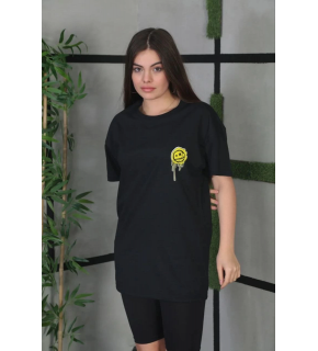 Kadın Bisiklet Yaka Baskılı  Kısa kol Oversize T-Shirt - Siyah