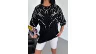 Kadın Yıldırım şimşek Baskılı T-Shirt Kısa Kol Bisiklet Yaka Oversize Tişört - Siyah Kadın Yıldırım şimşek Baskılı T-Shirt Kısa Kol Bisiklet Yaka Oversize Tişört - Siyah