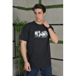 Erkek Kısa Kol Yazlık Tişört Bisiklet Yaka Baskılı Oversize T-Shirt - Siyah