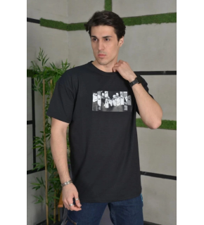 Erkek Kısa Kol Yazlık Tişört Bisiklet Yaka Baskılı Oversize T-Shirt - Siyah