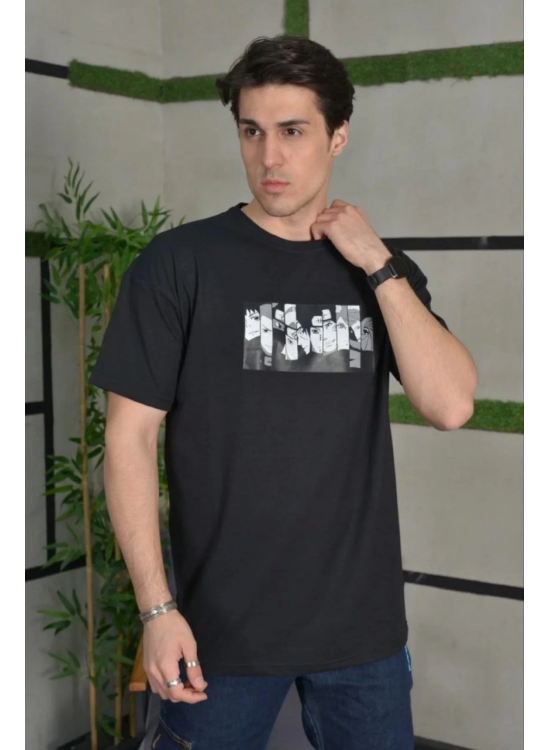 Erkek Kısa Kol Yazlık Tişört Bisiklet Yaka Baskılı Oversize T-Shirt - Siyah