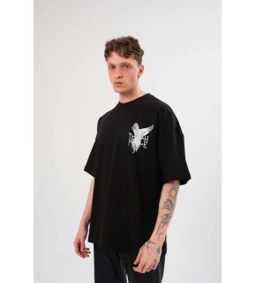 Erkek Kısa Kol Yazlık Tişört Bisiklet Yaka Baskılı Oversize T-Shirt - Siyah