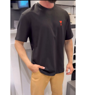 Erkek Kısa Kol Tişört Bisiklet Yaka KALP Baskılı Oversize T-Shirt - Siyah