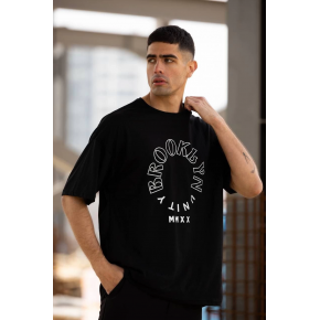 Erkek Baskılı T-Shirt Kısa Kol Bisiklet Yaka Regular Fit Rahat Kalıp Günlük Tişört - Siyah