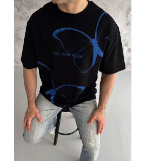 Erkek Kısa Kol Yazlık Tişört Bisiklet Yaka Baskılı Oversize T-Shirt - Siyah
