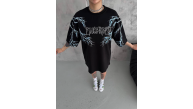 Kadın Bisiklet Yaka Baskılı Kısa kol Oversize T-Shirt - Siyah Kadın Bisiklet Yaka Baskılı Kısa kol Oversize T-Shirt - Siyah