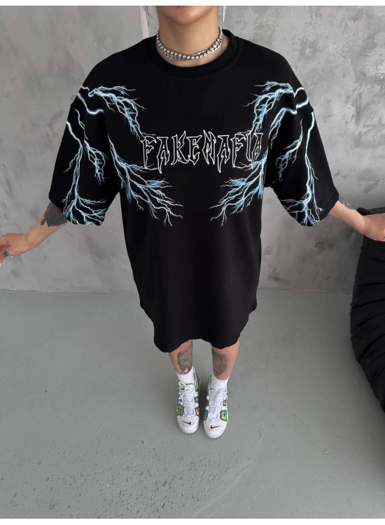 Kadın Bisiklet Yaka Baskılı Kısa kol Oversize T-Shirt - Siyah Kadın Bisiklet Yaka Baskılı Kısa kol Oversize T-Shirt - Siyah
