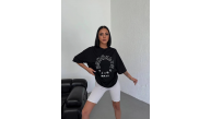 Kadın Baskılı T-Shirt Kısa Kol Bisiklet Yaka Oversize Rahat Kalıp Günlük Tişört - Siyah Kadın Baskılı T-Shirt Kısa Kol Bisiklet Yaka Oversize Rahat Kalıp Günlük Tişört - Siyah