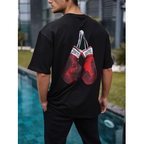 Erkek Kısa Kol Tişört Bisiklet Yaka Box Eldiven Baskılı T-Shirt -  Siyah