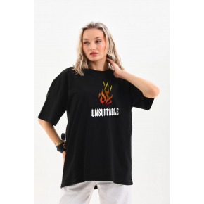 Kadın Baskılı T-Shirt Kısa Kol Bisiklet Yaka Oversize Rahat Kalıp Günlük Tişört   - Siyah