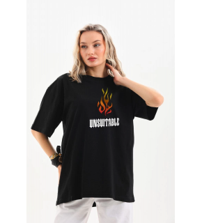 Kadın Baskılı T-Shirt Kısa Kol Bisiklet Yaka Oversize Rahat Kalıp Günlük Tişört   - Siyah