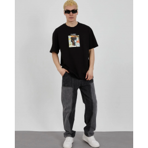 Erkek Kısa Kol Yazlık Tişört Bisiklet Yaka Baskılı Oversize T-Shirt - Siyah