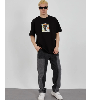 Erkek Kısa Kol Yazlık Tişört Bisiklet Yaka Baskılı Oversize T-Shirt - Siyah
