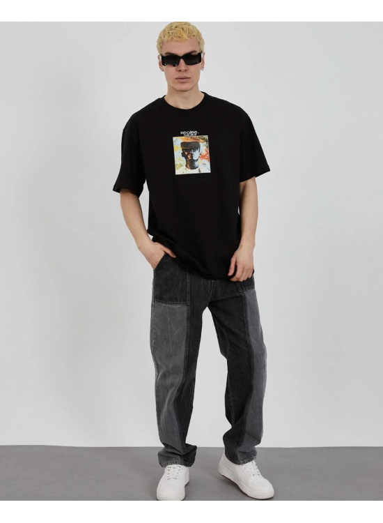 Erkek Kısa Kol Yazlık Tişört Bisiklet Yaka Baskılı Oversize T-Shirt - Siyah Erkek Kısa Kol Yazlık Tişört Bisiklet Yaka Baskılı Oversize T-Shirt - Siyah