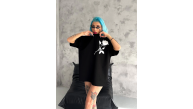 kadın Bisiklet Yaka Baskılı Oversize Kısa kol T-Shirt - Siyah kadın Bisiklet Yaka Baskılı Oversize Kısa kol T-Shirt - Siyah