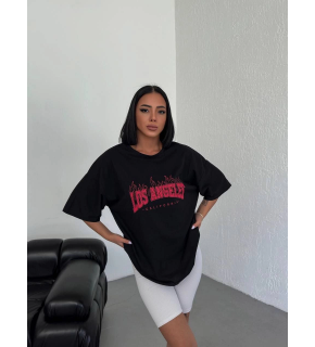 Kadın Kısa Kol Yazlık Tişört Bisiklet Yaka Los Angeles Baskılı T-Shirt - Siyah
