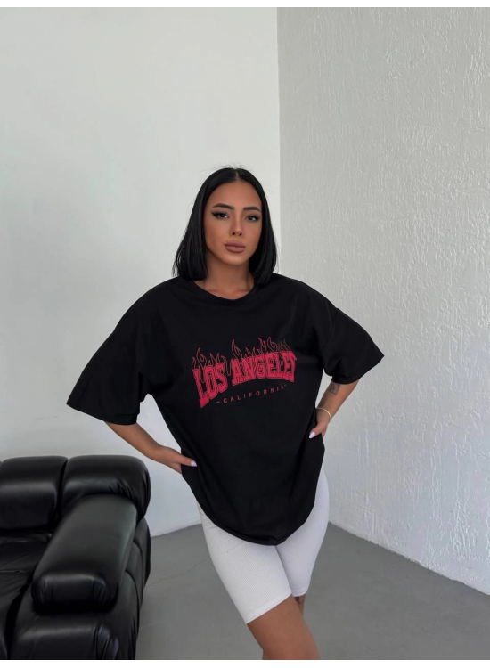 Kadın Kısa Kol Yazlık Tişört Bisiklet Yaka Los Angeles Baskılı T-Shirt - Siyah Kadın Kısa Kol Yazlık Tişört Bisiklet Yaka Los Angeles Baskılı T-Shirt - Siyah