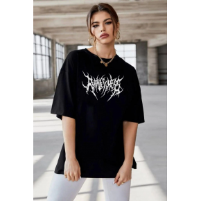 Kadın Baskılı T-Shirt Kısa Kol Bisiklet Yaka Oversize Rahat Kalıp Günlük Tişört   - Siyah