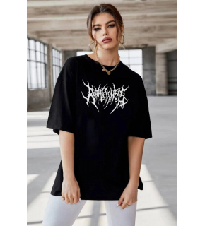 Kadın Baskılı T-Shirt Kısa Kol Bisiklet Yaka Oversize Rahat Kalıp Günlük Tişört   - Siyah