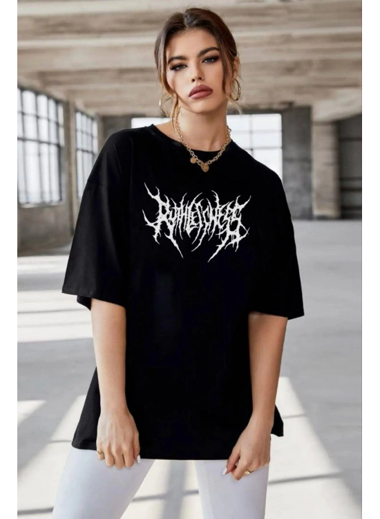 Kadın Baskılı T-Shirt Kısa Kol Bisiklet Yaka Oversize Rahat Kalıp Günlük Tişört - Siyah Kadın Baskılı T-Shirt Kısa Kol Bisiklet Yaka Oversize Rahat Kalıp Günlük Tişört - Siyah