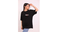 Kadın Kısa Kol Yazlık Tişört Bisiklet Yaka Baskılı Oversize T-Shirt - Siyah Kadın Kısa Kol Yazlık Tişört Bisiklet Yaka Baskılı Oversize T-Shirt - Siyah