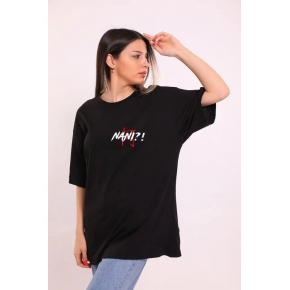 Kadın Kısa Kol Yazlık Tişört Bisiklet Yaka Baskılı Oversize T-Shirt - Siyah