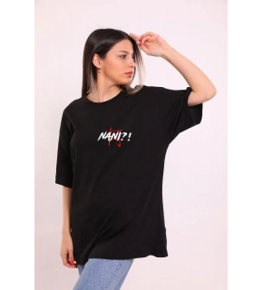 Kadın Kısa Kol Yazlık Tişört Bisiklet Yaka Baskılı Oversize T-Shirt - Siyah
