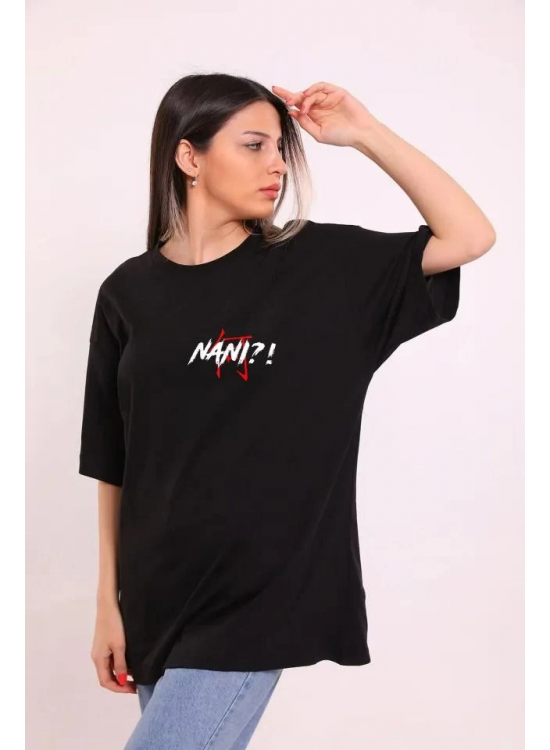 Kadın Kısa Kol Yazlık Tişört Bisiklet Yaka Baskılı Oversize T-Shirt - Siyah Kadın Kısa Kol Yazlık Tişört Bisiklet Yaka Baskılı Oversize T-Shirt - Siyah