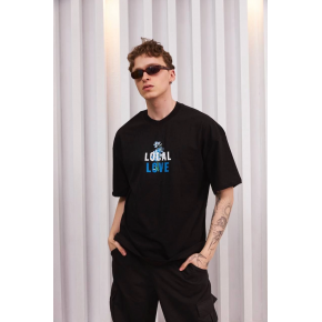 ERKEK Bisiklet Yaka Baskılı Oversize Kısa kol T-Shirt - Siyah