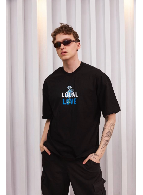 ERKEK Bisiklet Yaka Baskılı Oversize Kısa kol T-Shirt - Siyah