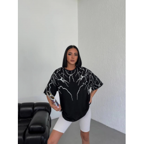 Kadın Yıldırım şimşek Baskılı T-Shirt Kısa Kol Bisiklet Yaka Oversize Tişört - Siyah