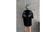 Kadın Bisiklet Yaka Baskılı Kısa kol Oversize T-Shirt - Siyah Kadın Bisiklet Yaka Baskılı Kısa kol Oversize T-Shirt - Siyah