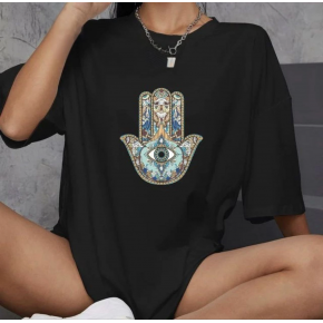 Kadın Baskılı T-Shirt Kısa Kol Bisiklet Yaka Oversize Rahat Kalıp Günlük Tişört   - Siyah