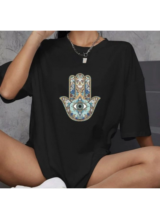 Kadın Baskılı T-Shirt Kısa Kol Bisiklet Yaka Oversize Rahat Kalıp Günlük Tişört - Siyah Kadın Baskılı T-Shirt Kısa Kol Bisiklet Yaka Oversize Rahat Kalıp Günlük Tişört - Siyah