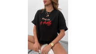 kadın Bisiklet Yaka Baskılı Oversize Kısa kol T-Shirt - Siyah kadın Bisiklet Yaka Baskılı Oversize Kısa kol T-Shirt - Siyah
