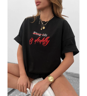 kadın Bisiklet Yaka Baskılı Oversize  Kısa kol T-Shirt - Siyah