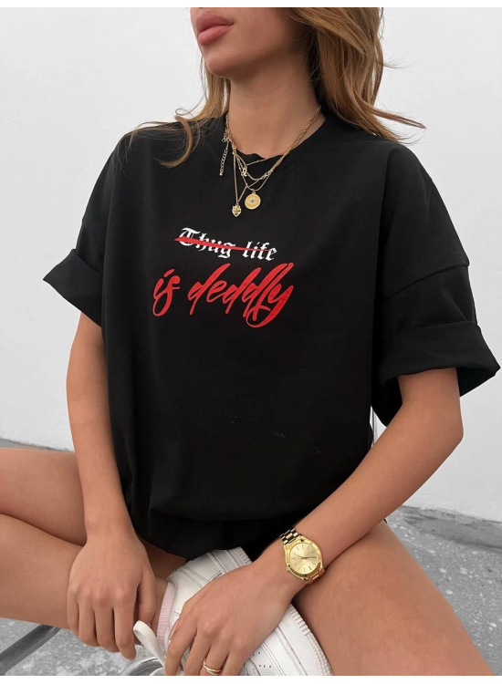kadın Bisiklet Yaka Baskılı Oversize Kısa kol T-Shirt - Siyah kadın Bisiklet Yaka Baskılı Oversize Kısa kol T-Shirt - Siyah