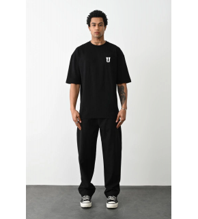 Erkek Kısa Kol Yazlık Tişört Bisiklet Yaka Baskılı Oversize T-Shirt - Siyah