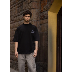 Erkek Kısa Kol Yazlık Tişört Bisiklet Yaka Baskılı Oversize T-Shirt - Siyah