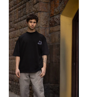 Erkek Kısa Kol Yazlık Tişört Bisiklet Yaka Baskılı Oversize T-Shirt - Siyah