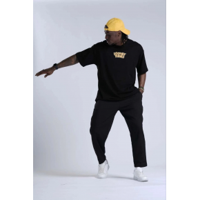 Erkek Kısa Kol Yazlık Tişört Bisiklet Yaka Baskılı Oversize T-Shirt - Siyah